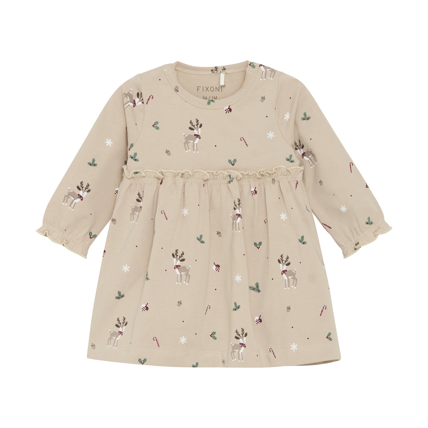 Dieses langärmelige Bodykleid von Fixoni in Beige besticht durch zarte, weihnachtliche Motive und sorgt für festliche Eleganz in der kalten Jahreszeit.