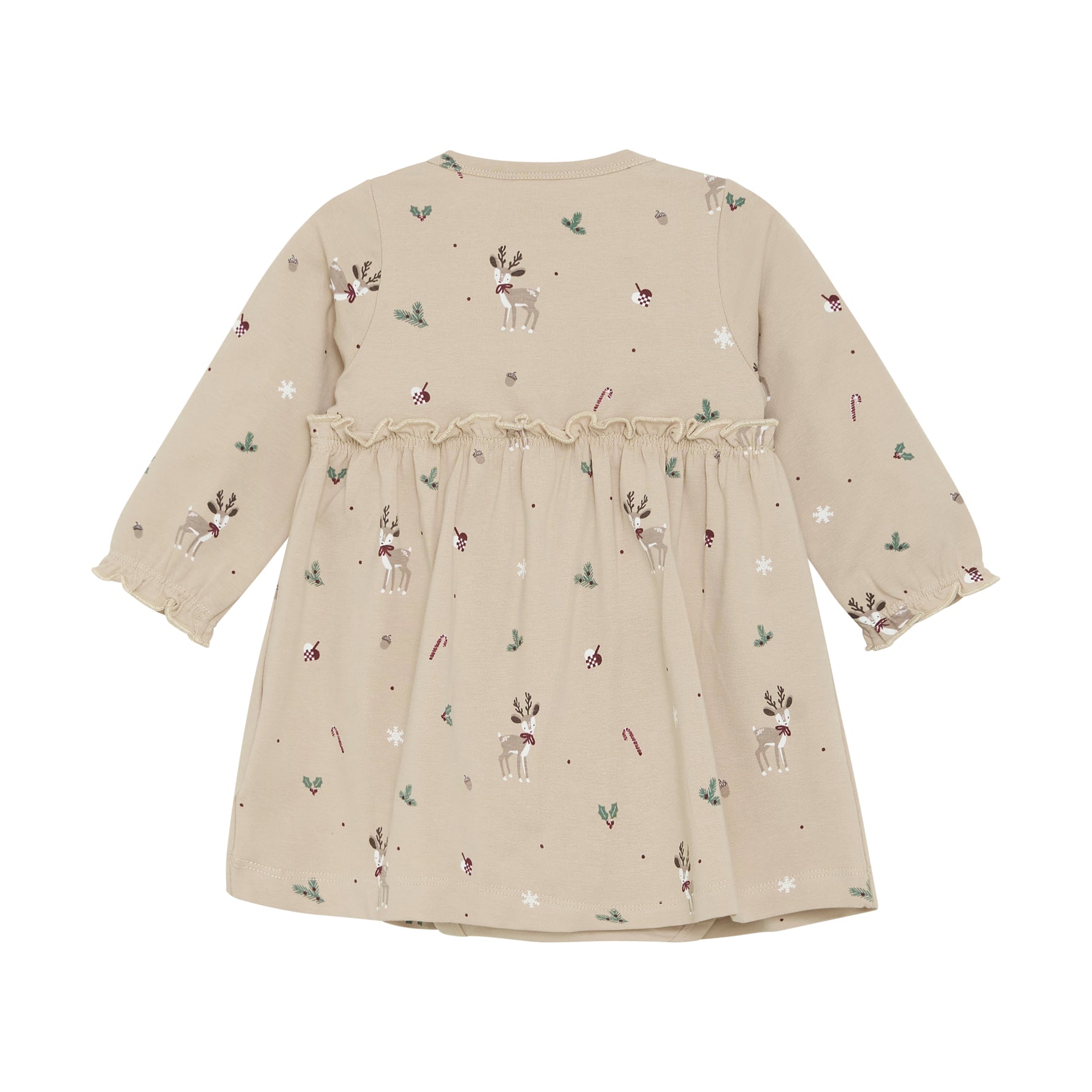 Dieses langärmelige Bodykleid von Fixoni in Beige besticht durch zarte, weihnachtliche Motive und sorgt für festliche Eleganz in der kalten Jahreszeit.