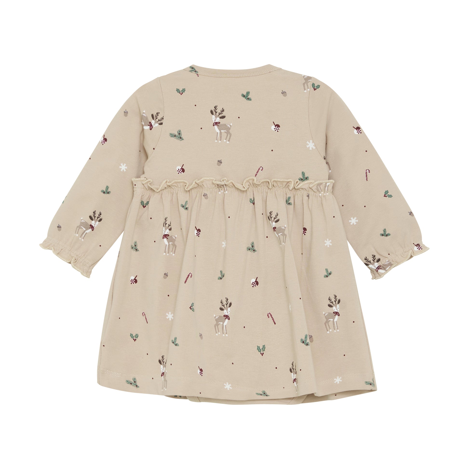 Dieses langärmelige Bodykleid von Fixoni in Beige besticht durch zarte, weihnachtliche Motive und sorgt für festliche Eleganz in der kalten Jahreszeit.