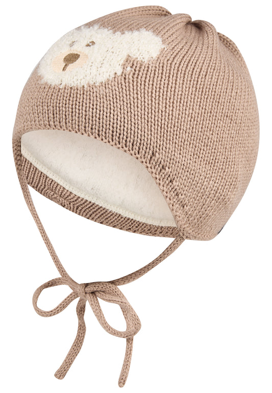 Diese braune Strickmütze von Sterntaler besticht durch ein weißes Bärenmotiv und sorgt für warmen Komfort mit einem charmanten Look.