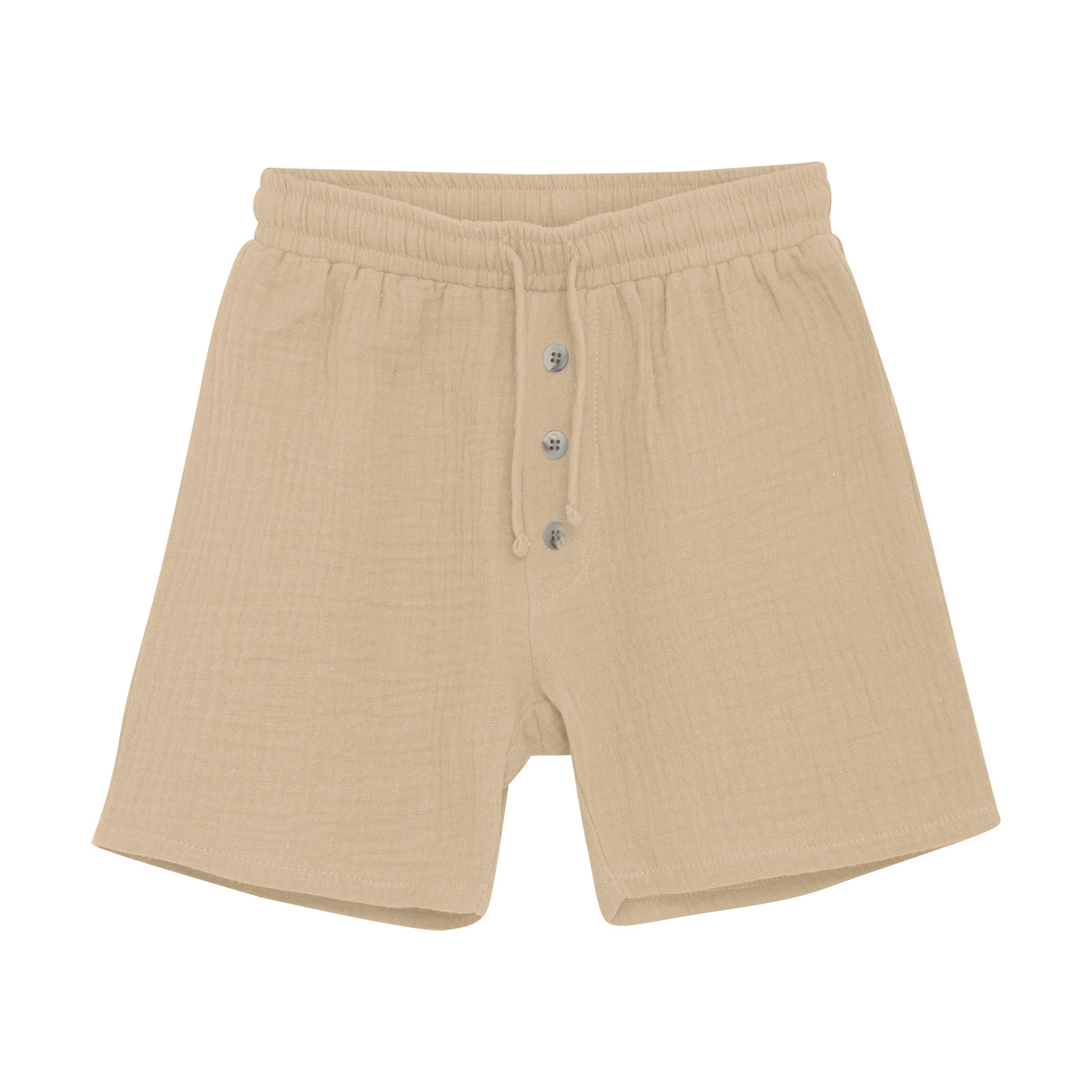 Diese kurze beige Musselin-Short bietet ein leichtes, atmungsaktives Tragegefühl – perfekt für warme Tage. Ihr weicher Stoff sorgt für angenehmen Komfort, während der lockere Schnitt Bewegungsfreiheit garantiert.&nbsp;