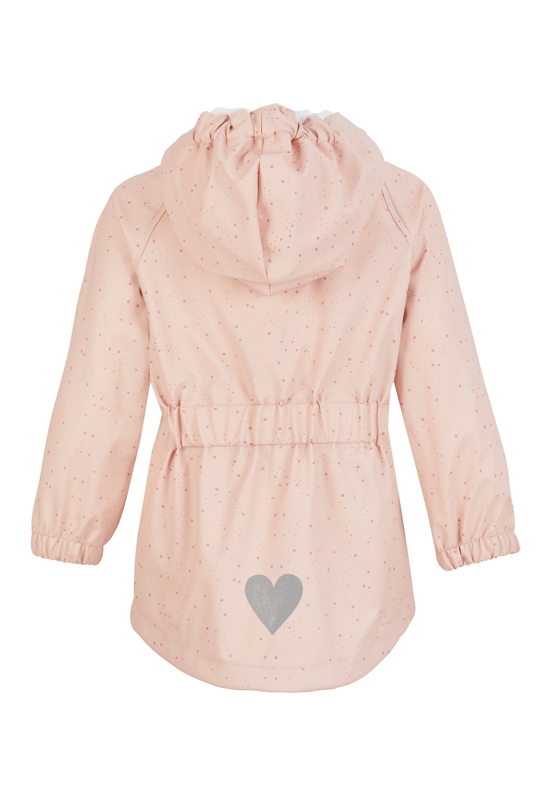 Diese wasserdichte Regenjacke mit Punktmuster überzeugt durch verschweißte Nähte, praktische Taschen und eine gefütterte Kapuze. Ein reflektierendes Herz auf der Rückseite sorgt für zusätzliche Sichtbarkeit. Der Reißverschluss rundet das funktionale Design ab.