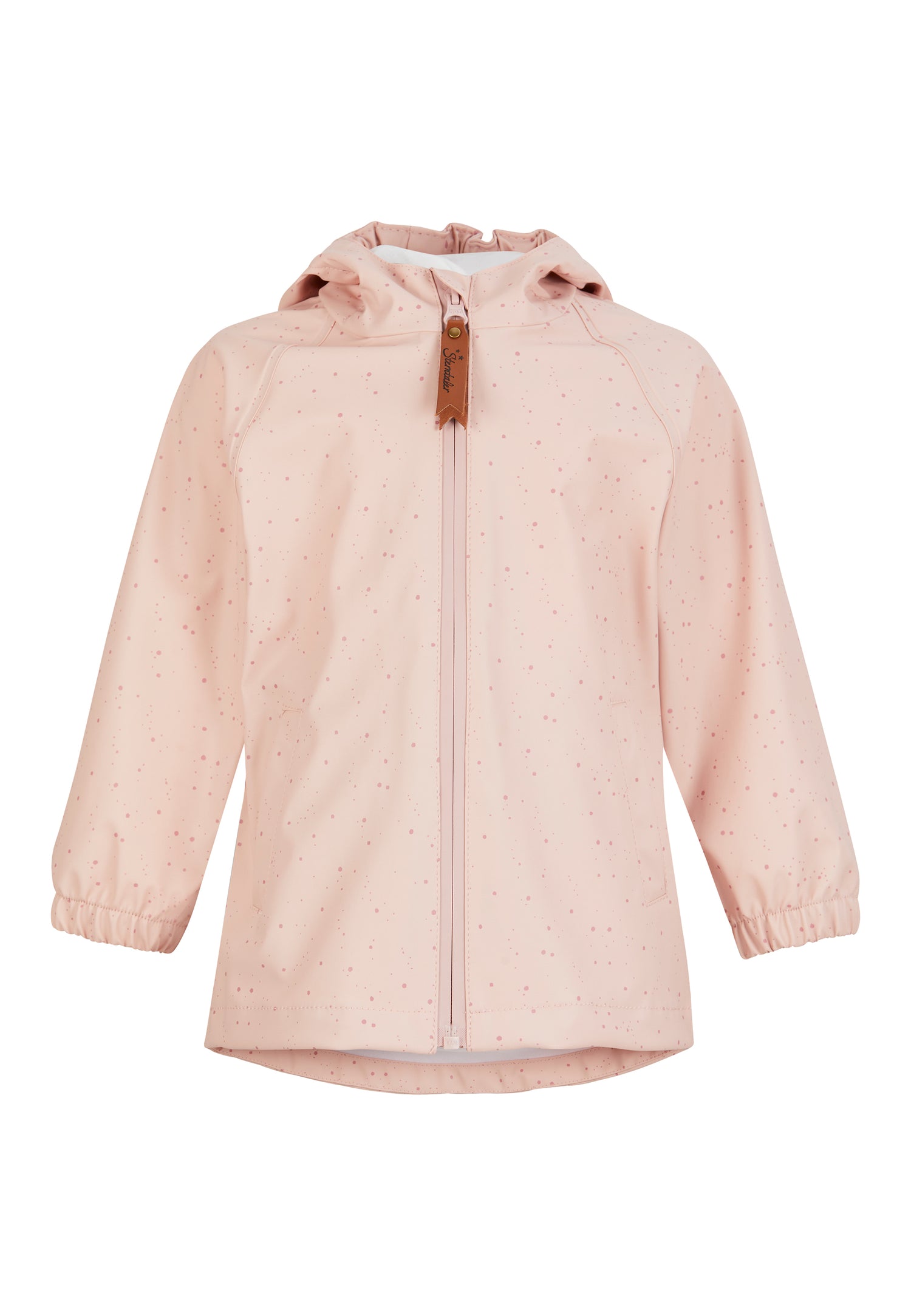 Diese wasserdichte Regenjacke mit Punktmuster überzeugt durch verschweißte Nähte, praktische Taschen und eine gefütterte Kapuze. Ein reflektierendes Herz auf der Rückseite sorgt für zusätzliche Sichtbarkeit. Der Reißverschluss rundet das funktionale Design ab.