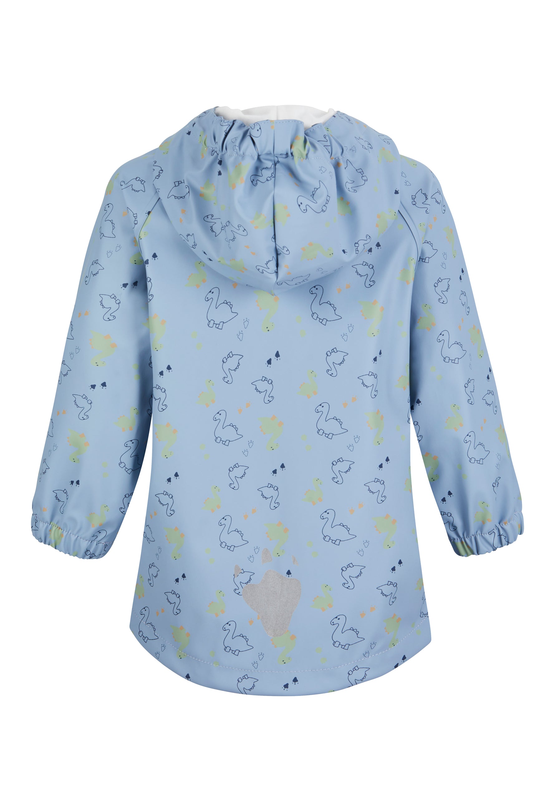 Diese wasserdichte Regenjacke mit Dino-Print schützt zuverlässig vor Nässe. Sie verfügt über verschweißte Nähte, praktische Taschen und eine gefütterte Kapuze. Ein reflektierender Fußabdruck auf dem Rücken sorgt für zusätzliche Sichtbarkeit bei schlechten Lichtverhältnissen. Der Reißverschluss rundet das durchdachte Design ab.