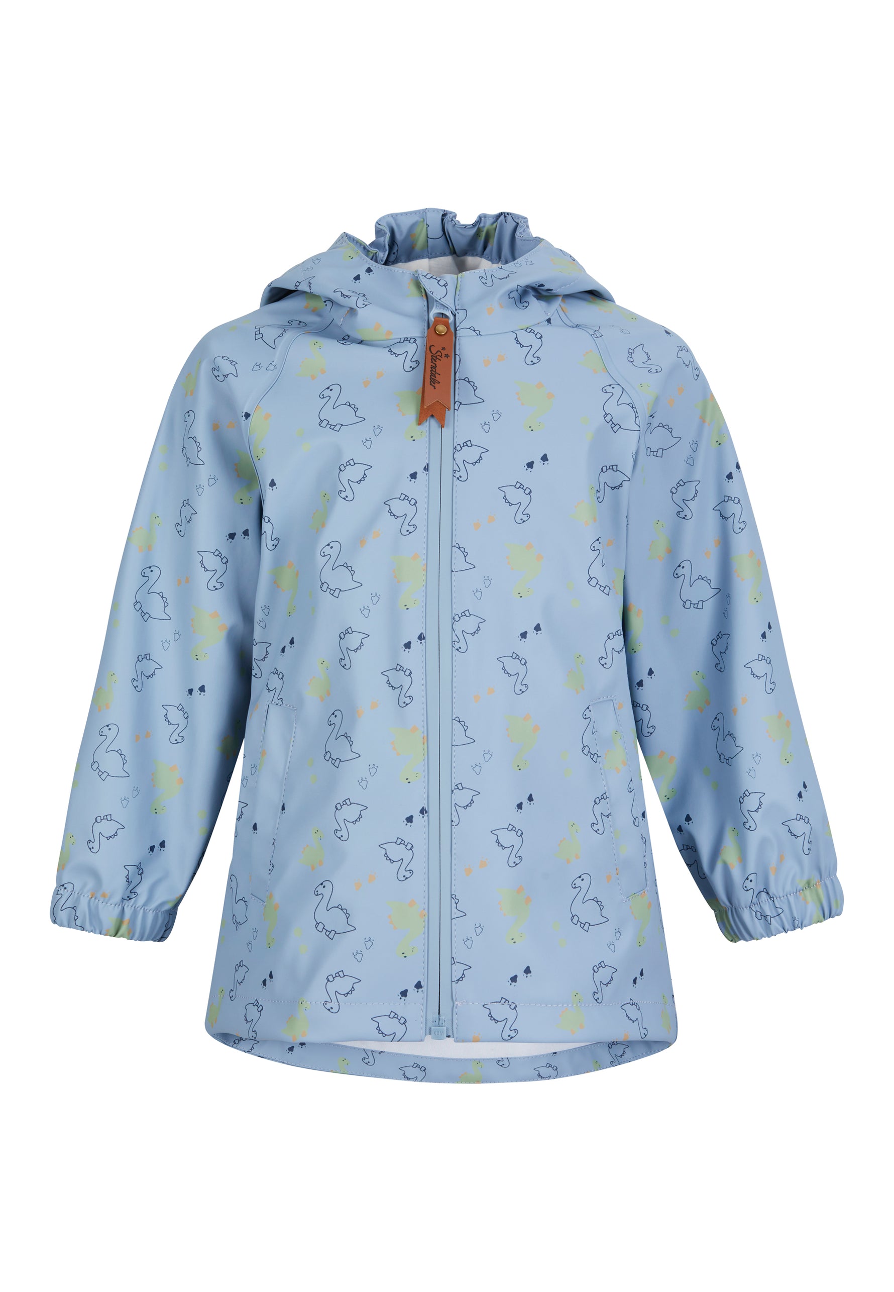 Diese wasserdichte Regenjacke mit Dino-Print schützt zuverlässig vor Nässe. Sie verfügt über verschweißte Nähte, praktische Taschen und eine gefütterte Kapuze. Ein reflektierender Fußabdruck auf dem Rücken sorgt für zusätzliche Sichtbarkeit bei schlechten Lichtverhältnissen. Der Reißverschluss rundet das durchdachte Design ab.