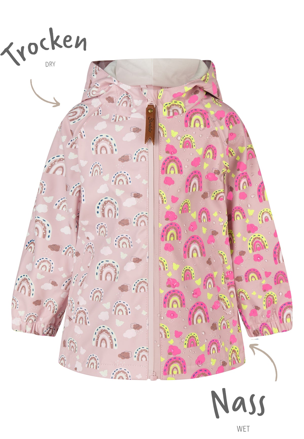 Die&nbsp;Farbwechsel Regenjacke Regenbogen&nbsp;macht Regentage zu etwas Besonderem. Sobald Regentropfen auf die Jacke treffen, verändern sich die Farben der liebevollen Regenbogen- und Wolkenmotive. Gleichzeitig schützt die wasserdichte Jacke zuverlässig vor Wind und Nässe.

Funktion trifft auf zauberhaften Farbwechsel

Farbwechsel bei Regen:&nbsp;Regenbogen- und Wolkenmotive verändern ihre Farben.
Wasserdicht:&nbsp;Verschweißte Nähte und wasserabweisender Reißverschluss halten trocken.
Komfortabel:&nbsp;G