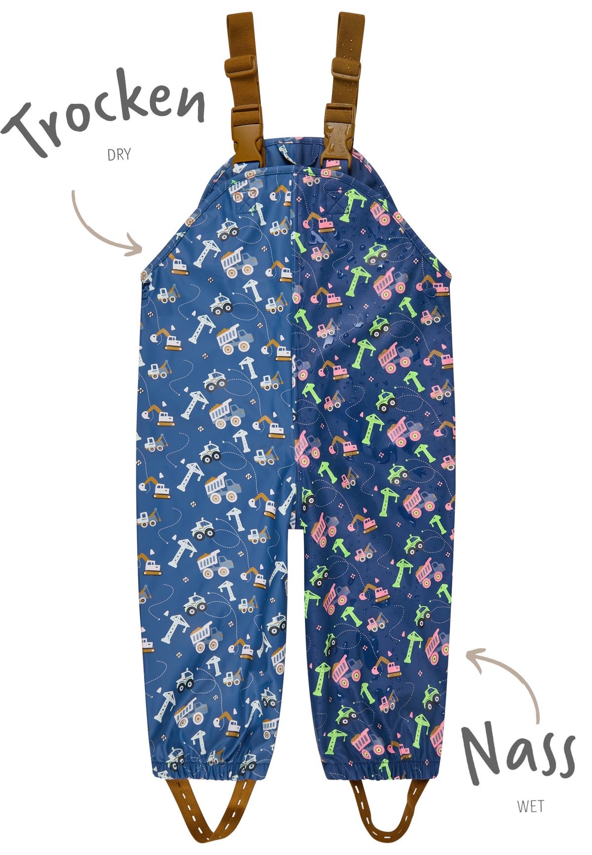 Mit der&nbsp;Farbwechsel Regenhose Baustelle&nbsp;macht Regen gleich doppelt Spaß. Sobald die Hose mit Regen in Berührung kommt, verändern sich die Farben der Baustellenmotive und sorgen für einen spannenden Überraschungseffekt. Gleichzeitig schützt sie zuverlässig vor Nässe und Schmutz.

Trocken bleiben und den Regen neu entdecken

Magischer Farbwechsel:&nbsp;Baustellenmotive verändern bei Regen ihre Farben.
Wasserdicht:&nbsp;Verschweißte Nähte halten zuverlässig trocken.
Optimaler Sitz:&nbsp;Verstellbare 