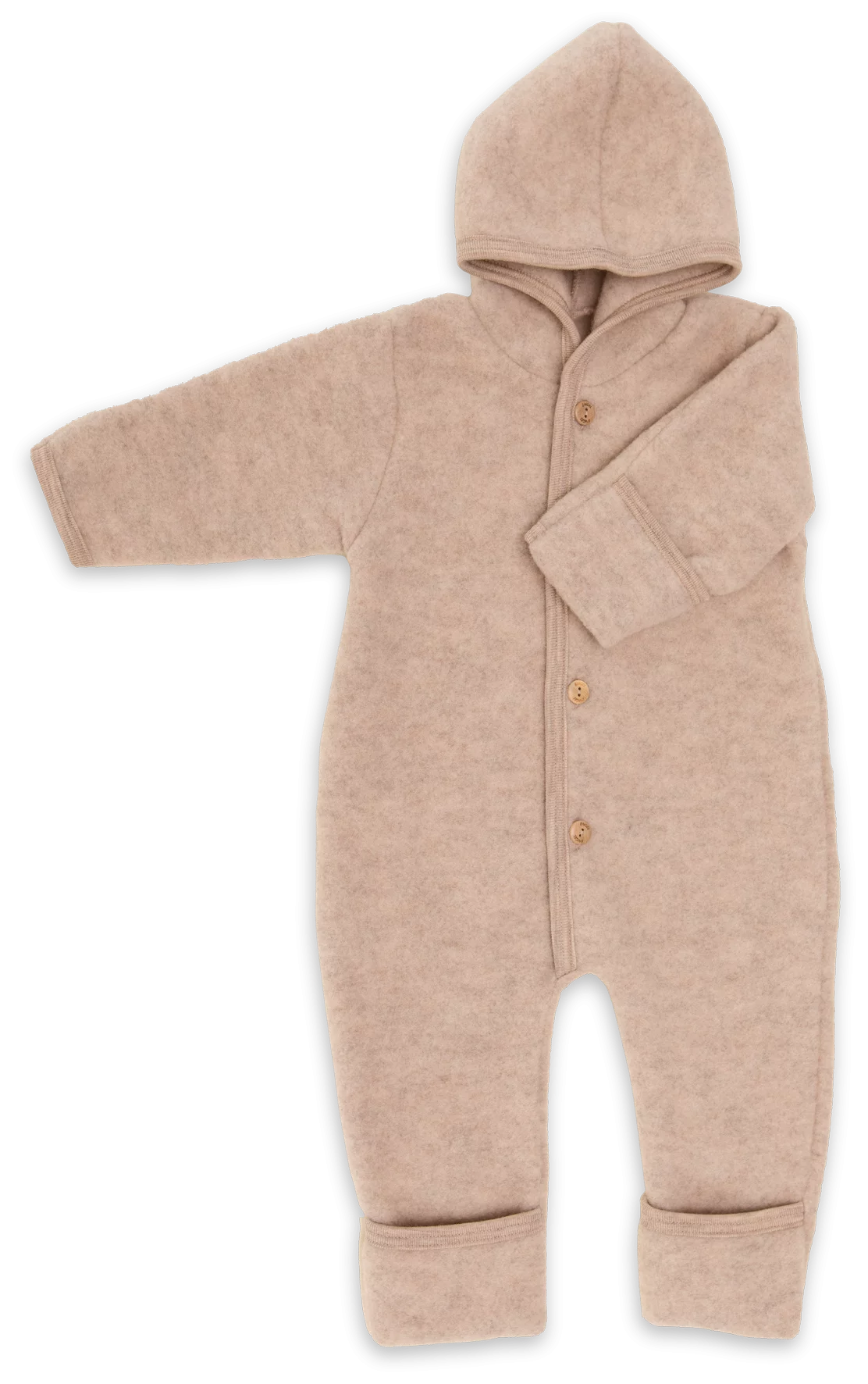 Der Baby-Fleeceoverall von Engel aus 100% Bio-Merinoschurwolle mit Kapuze hält rundum kuschelig warm. Bein- und Armenden lassen sich dank der Umschläge praktisch über die kleinen Hände und Füße stülpen. So ist der Nachwuchs bestens vor der Kälte geschützt. Wenn die Umschläge nicht übergestülpt werden, wächst der Overall wunderbar mit.