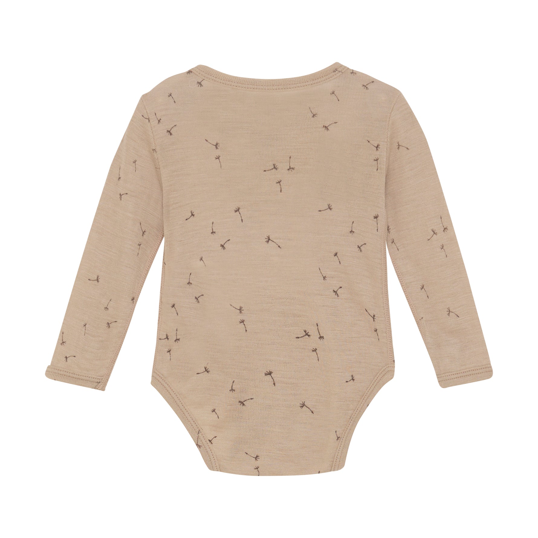 Entdecken Sie den Komfort und die Weichheit von unserem langarm Body in beige mit einem süßen Pusteblumenprint aus hochwertiger Wolle und Seide. Perfekt für empfindliche Haut und optimal für kalte Tage