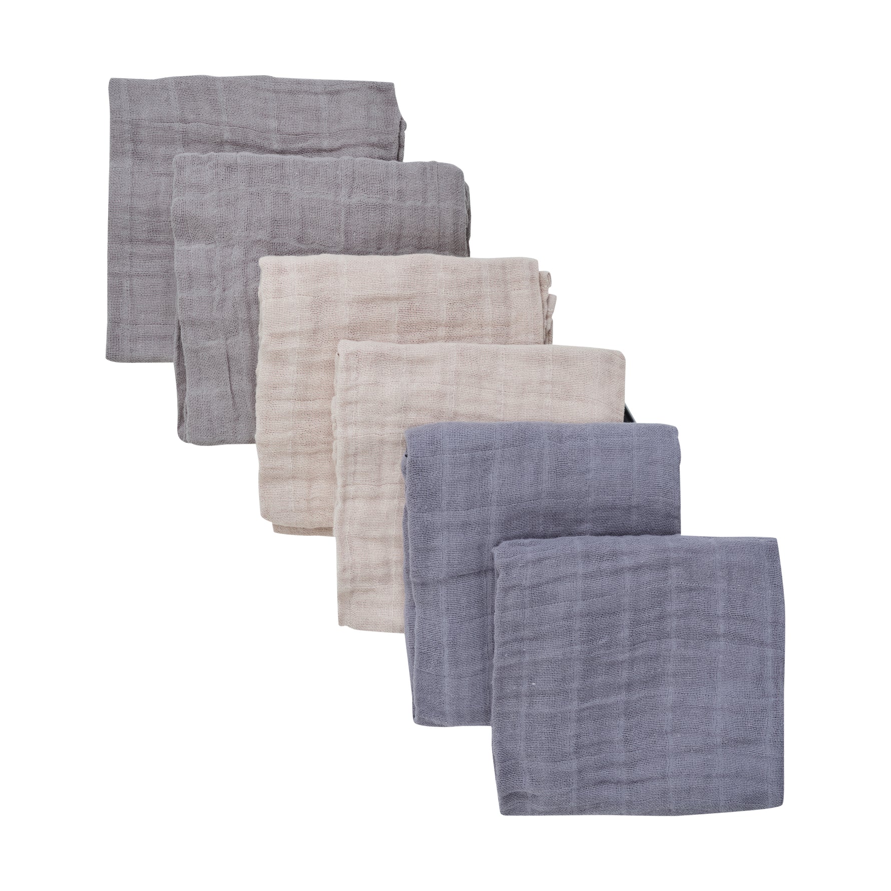 Muslin-Tücher von PIPPI in einer Auswahl an verschiedenen Blautönen – weich, vielseitig und ideal für den täglichen Gebrauch.