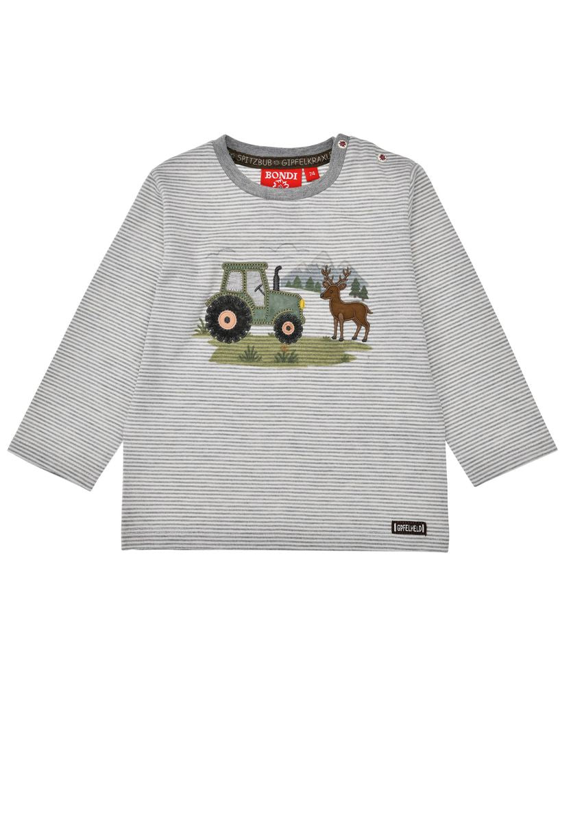 Klassisches Langarm-T-Shirt mit feinem Ringelmuster und charmanten Traktor-Print von Bondi. Das weiche Single-Jersey aus Baumwoll-Polyester-Mix bietet optimalen Tragekomfort und Langlebigkeit. Perfekt für kleine Abenteurer, die Fahrzeuge lieben. Pflegeleicht und strapazierfähig für den Alltag.