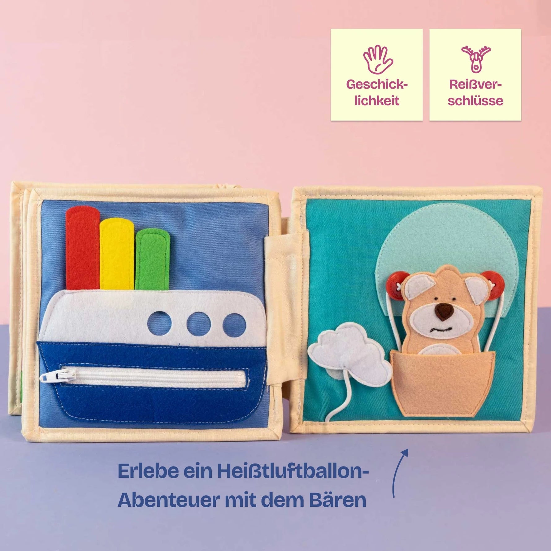 Das Mini Quiet Book Autobahn von Jolly Designs nimmt Kinder ab 2 Jahren mit auf eine fantasievolle Reise durch die Welt der Fahrzeuge. Auf 6 liebevoll handgefertigten Seiten können sie spielerisch Autos, Lokomotiven und Schiffe erkunden. Mit interaktiven Elementen wie Knöpfen, Klettverschlüssen und beweglichen Teilen fördert das Buch Feinmotorik, Konzentration und Kreativität und regt die Fantasie sowie die kognitive Entwicklung an.
