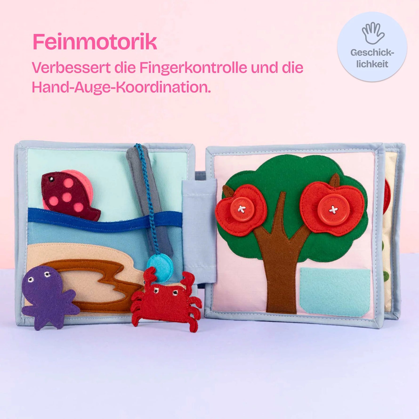 Tauche ein in die strahlende Welt des&nbsp;Mini Quiet Book "Sonnenschein" von Jolly Designs! Dieses liebevoll handgefertigte Buch, speziell für kleine Abenteurer ab 18 Monaten, lädt dazu ein, die bunte Vielfalt von Farben und Formen zu entdecken. Hergestellt aus kinderfreundlichen, OEKO-TEX® zertifizierten Materialien, sorgt es für sicheren Spielspaß und unterstützt die frühkindliche Entwicklung auf spielerische Weise.
