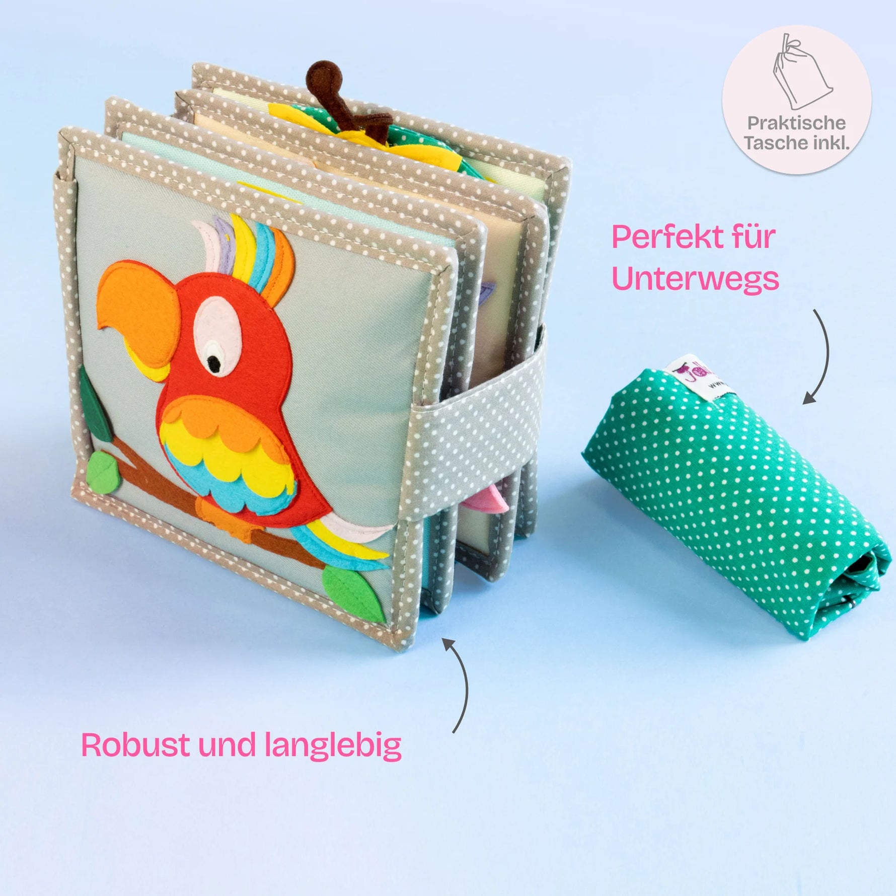 Erlebe die farbenfrohe Welt des&nbsp;Mini Quiet Book "Schillernder Papagei" von Jolly Designs! Dieses mit viel Liebe gestaltete Buch, perfekt für neugierige Kinder ab 6 Monaten, nimmt kleine Entdecker mit auf ein Abenteuer voller spannender Aktivitäten. Handgefertigt aus kinderfreundlichen und OEKO-TEX® zertifizierten Materialien, bietet es sicheren Spielspaß und unterstützt die kindliche Entwicklung auf vielfältige und spielerische Weise.