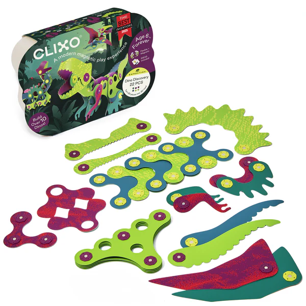 Springen Sie mit dem Clixo Discovery Pack in eine Zeitmaschine! Mehrere Dinos auf einmal zusammenfügen, einen brüllenden T-Rex, einen schwebenden Pterodaktylus oder einen riesigen Langhals-Riesen. Inspirieren Sie kreatives Selbstvertrauen, fördern Sie das STEAM-Lernen und entdecken Sie die Kraft des Spiels mit Clixo!