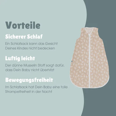 Der 0,5 TOG Musselin-Schlafsack aus 100 % Bio-Baumwolle hält Ihr Baby angenehm warm und sorgt dank seines leichten, atmungsaktiven Materials für ruhige Nächte. Mit Füßen ausgestattet, bietet er maximale Bewegungsfreiheit und verhindert, dass das Gesicht bedeckt wird, was die Sicherheit beim Schlafen erhöht. Der weiche Komfort-Reißverschluss mit Kinnschutz und der sanft eingefasste Halsausschnitt garantieren hohen Tragekomfort. Ideal für sicheren und entspannten Babyschlaf.
