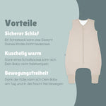 Der Schlafsack aus 100% Bio-Baumwolle mit 1.0 TOG hält Dein Baby warm, leicht und atmungsaktiv. Er bietet maximale Bewegungsfreiheit und sorgt für sicheren Schlaf, da das Gesicht frei bleibt und der Schlafsack nicht verrutschen kann. Der Komfort-Reißverschluss schützt das Kinn, während weiche Abschlüsse am Hals und den Armen für angenehmes Tragegefühl sorgen. Ideal für ruhige Nächte und entspanntes Träumen.