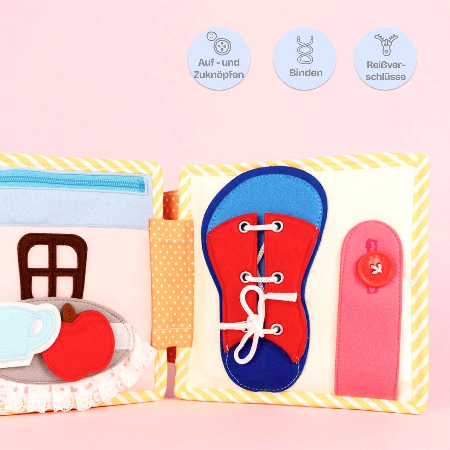  Entdecke das Mini Quiet Book "Home Sweet Home" von Jolly Designs – das perfekte Spielbuch für Kinder ab 2 Jahren, um auf spielerische Weise Alltagsroutinen kennenzulernen! Liebevoll handgefertigt aus hochwertigen, OEKO-TEX® zertifizierten Materialien, bietet es sicheren Spielspaß und fördert gezielt die kindliche Entwicklung.
