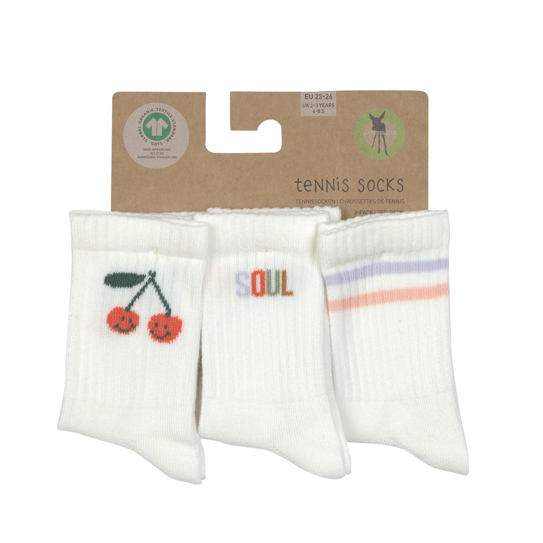 Die GOTS-zertifizierten Tennis Socks für Kinder, Design Cherry, mit einem hohen Anteil an Baumwolle (bio) machen jedes Outfit zum absoluten Hingucker. Die weichen Socken runden mit ihren fröhlich bunten Prints jeden Look ab.