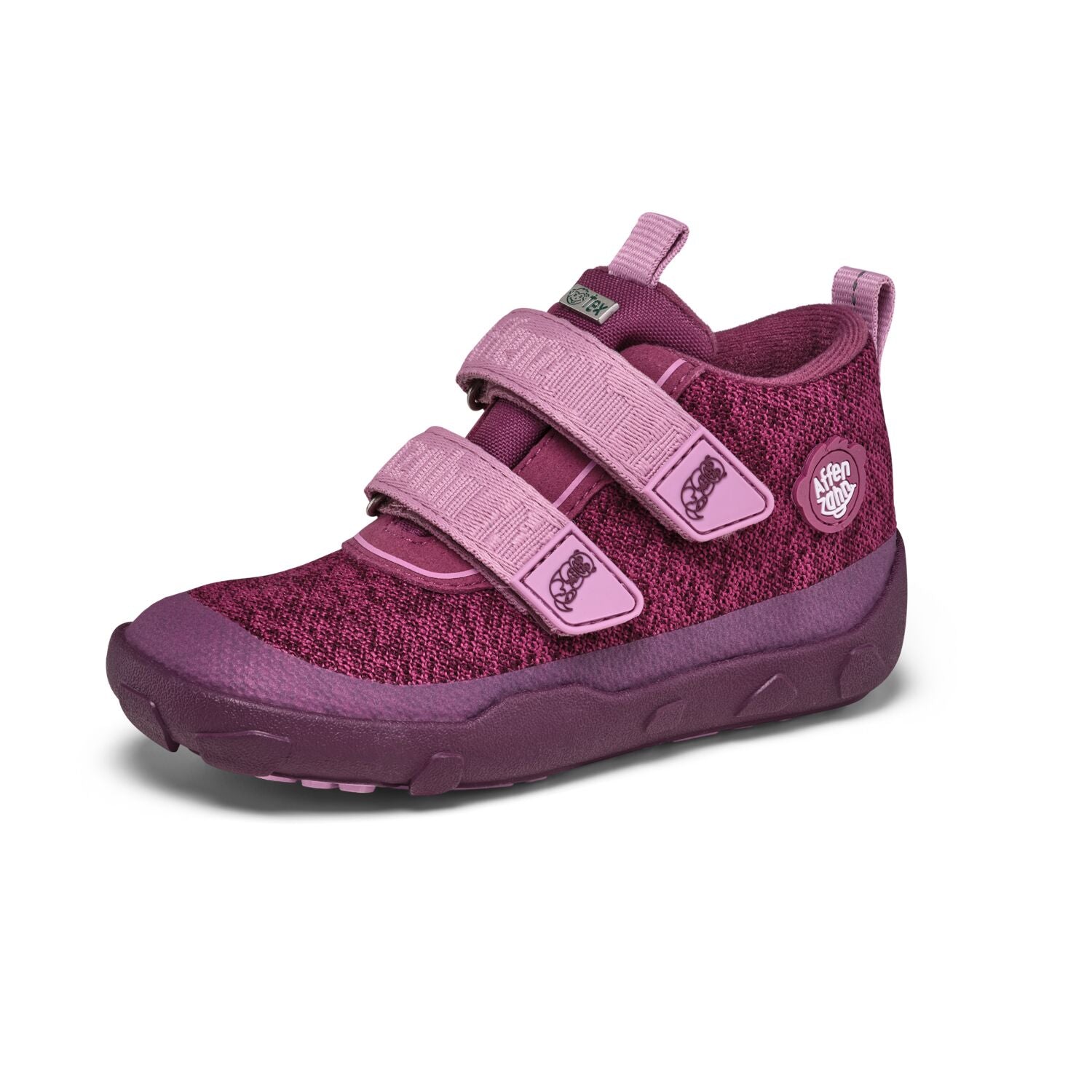 Der ideale Begleiter für die herbstliche Übergangszeit: Unser bunter Barfußschuh Happy von Affenzahn ist wasserdicht &amp; kalt gefüttert. Einfach mit Klettverschlüssen auf und zu zumachen. - Obermaterial: bluesign®-zertifiziertes Polyester Knit
