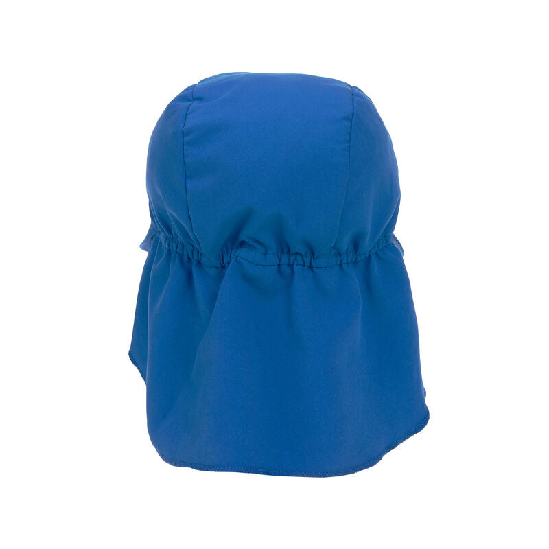 Die blaue Kinder Schirmmütze mit extra langem Nackenschutz schützt dank UV Schutz 80 die empfindliche Kopfhaut. Das schnelltrocknende Obermaterial und die niedlichen Prints sorgen für unbeschwerte Sommertage.