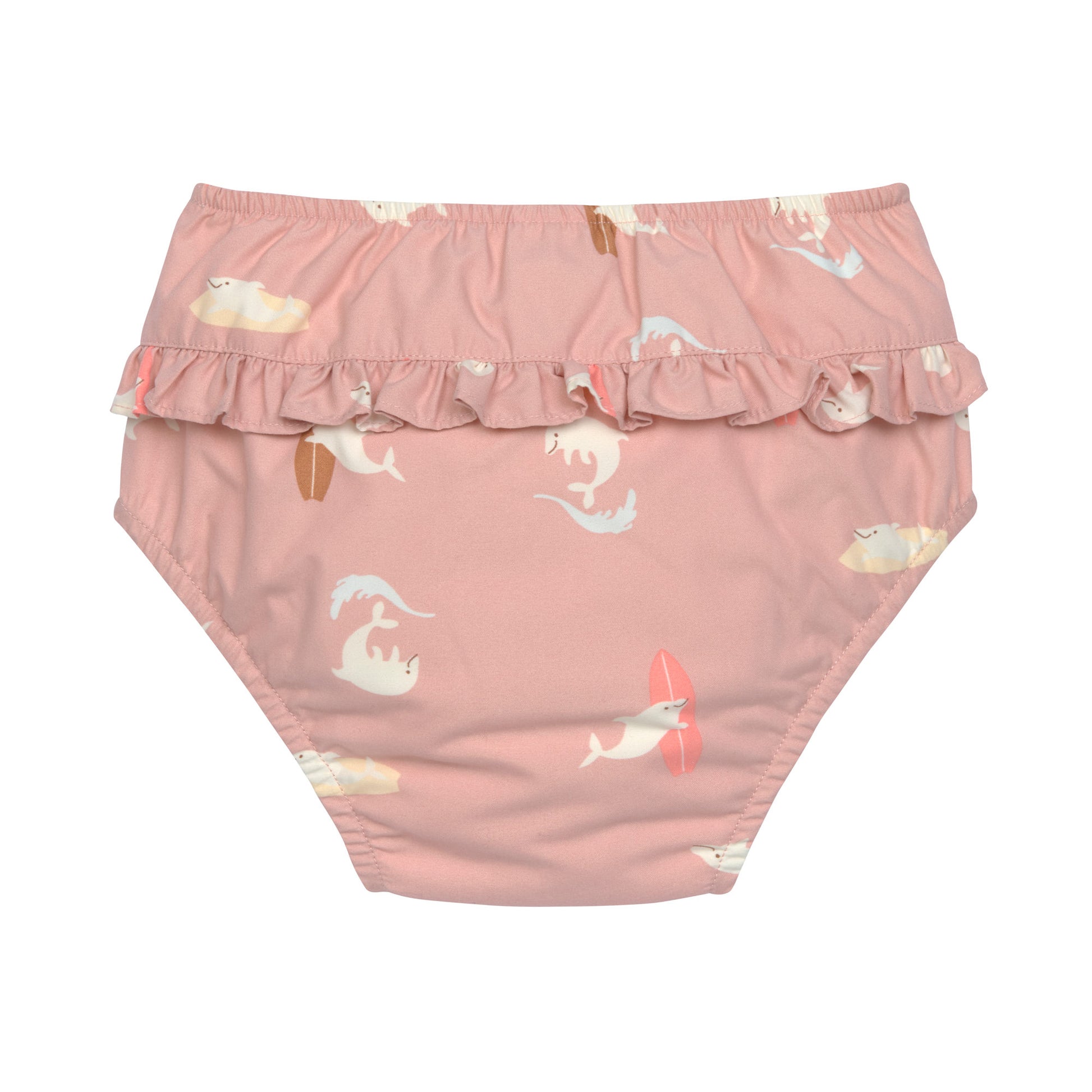 Die rosa Baby Schwimmwindel mit Delphin Print bietet eine schöne und umweltfreundliche Alternative zur Einwegwindel. Ihr saugfähiges Innenfutter hält die Kinderhaut trocken und größere Missgeschicke im Wasser auf. Geeignet von 3 Monaten bis 3 Jahren.