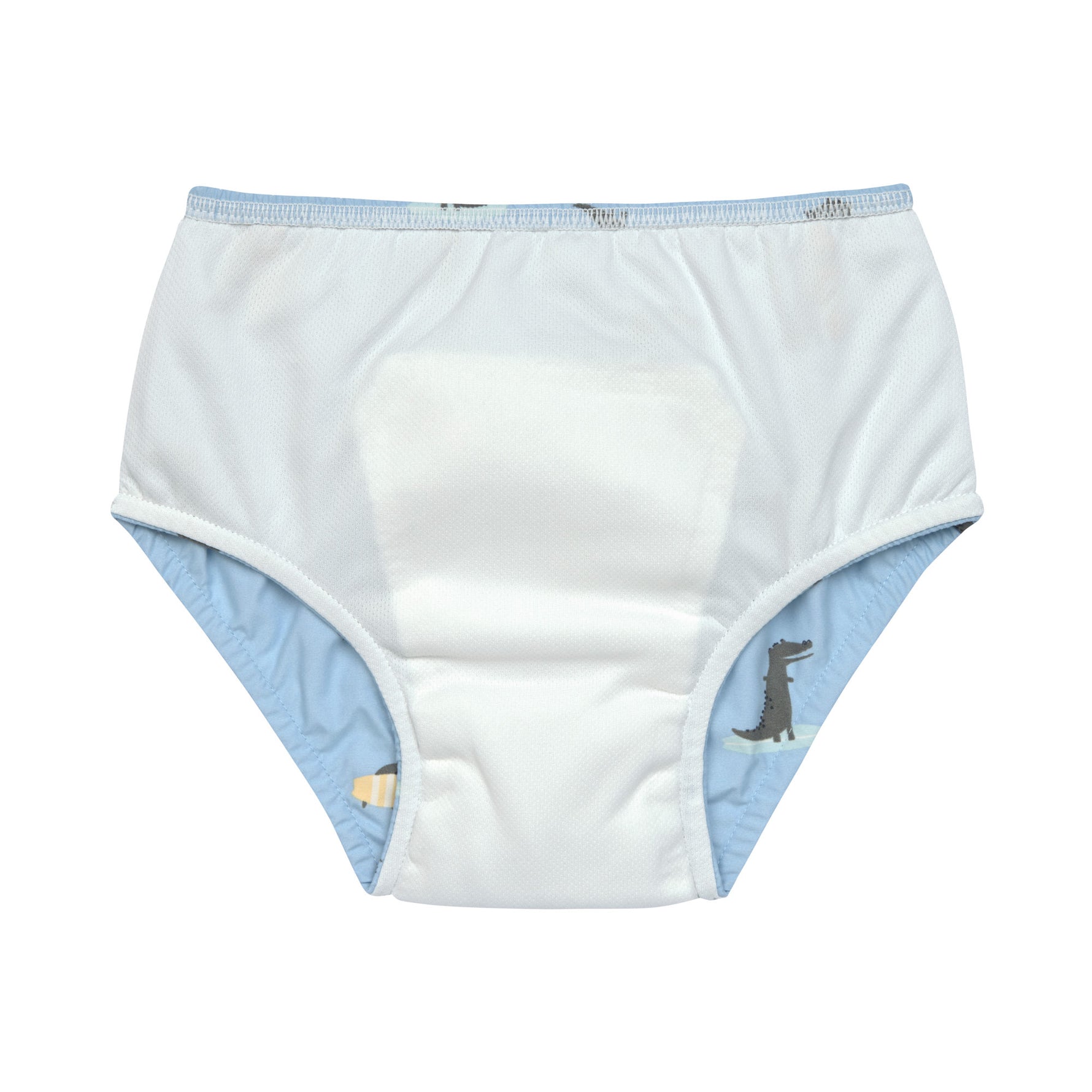 Die blaue Baby Schwimmwindel mit Crocodile Print bietet eine schöne und umweltfreundliche Alternative zur Einwegwindel. Ihr saugfähiges Innenfutter hält die Kinderhaut trocken und größere Missgeschicke im Wasser auf. Geeignet von 3 Monaten bis 3 Jahren.