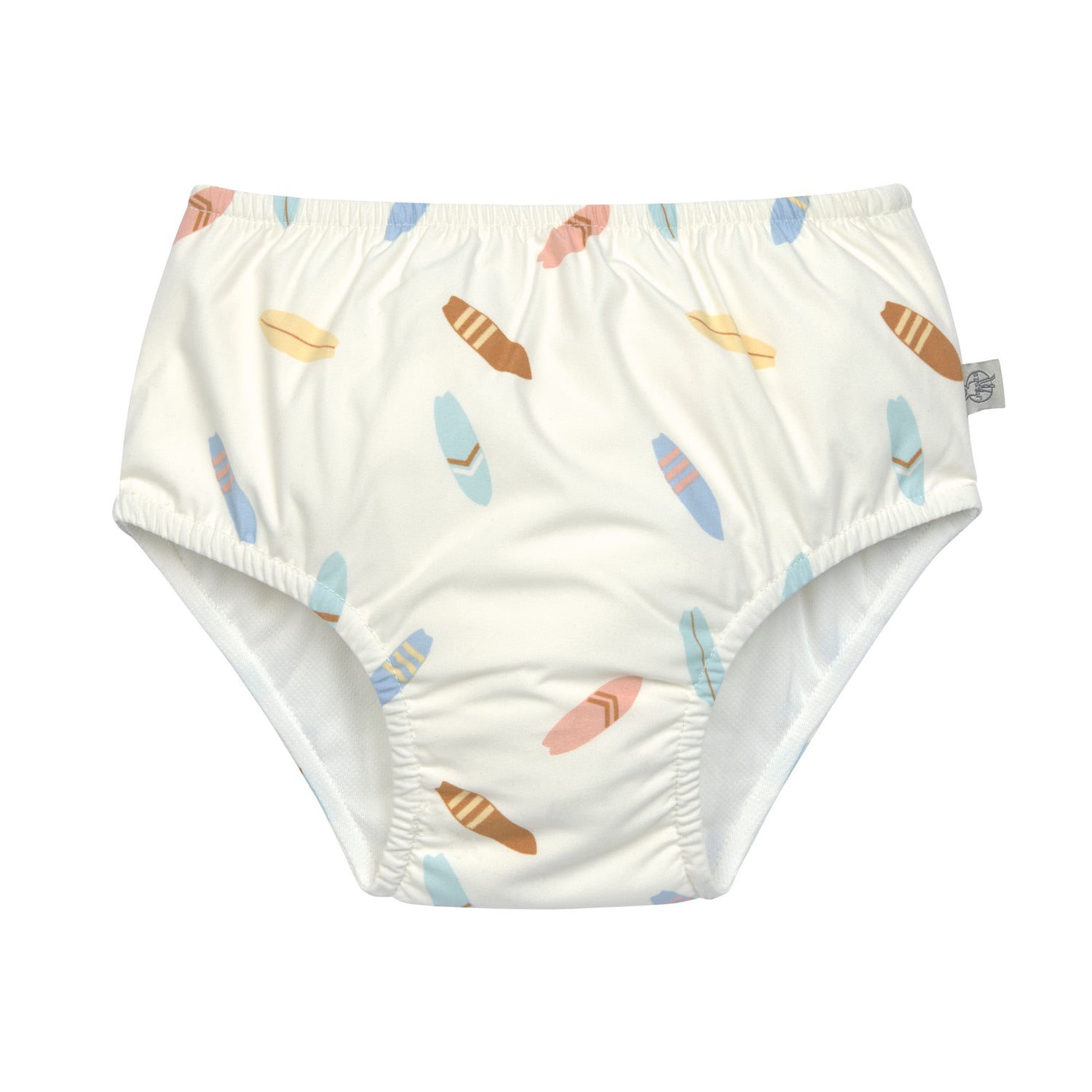 Die weiße Baby Schwimmwindel mit Surfboard Print bietet eine schöne und umweltfreundliche Alternative zur Einwegwindel. Ihr saugfähiges Innenfutter hält die Kinderhaut trocken und größere Missgeschicke im Wasser auf. Geeignet von 3 Monaten bis 3 Jahren.