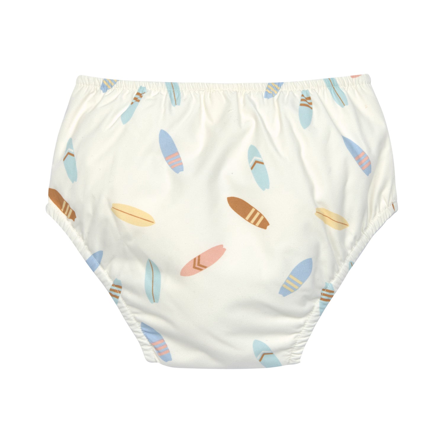 Die weiße Baby Schwimmwindel mit Surfboard Print bietet eine schöne und umweltfreundliche Alternative zur Einwegwindel. Ihr saugfähiges Innenfutter hält die Kinderhaut trocken und größere Missgeschicke im Wasser auf. Geeignet von 3 Monaten bis 3 Jahren.