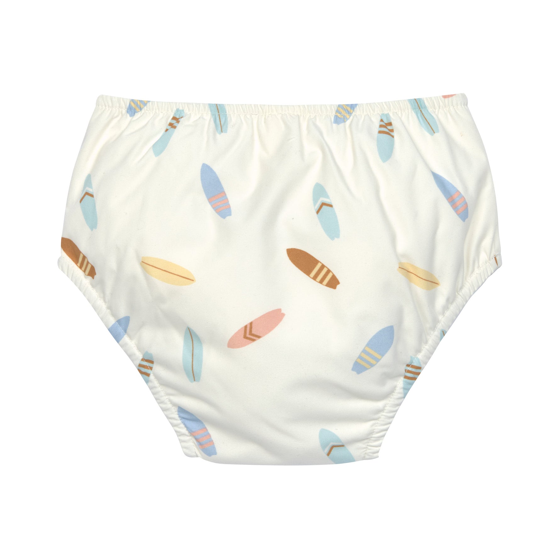 Die weiße Baby Schwimmwindel mit Surfboard Print bietet eine schöne und umweltfreundliche Alternative zur Einwegwindel. Ihr saugfähiges Innenfutter hält die Kinderhaut trocken und größere Missgeschicke im Wasser auf. Geeignet von 3 Monaten bis 3 Jahren.