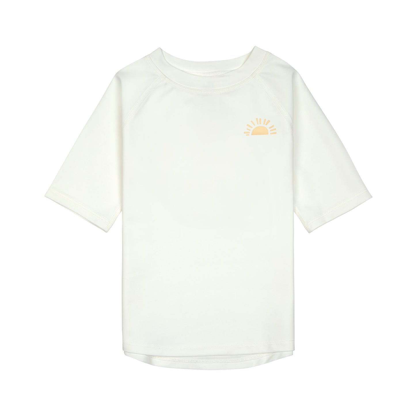 Das weiße, kurzärmelige Kinder UV Shirt mit UV-Schutz 60 kommt mit einem Sunshine Print und extra weichem Stoff. Das atmungsaktive und schnelltrocknende Material sorgt für eine angenehme Passform und Badespaß. Geeignet von 4 bis 6 Jahren.