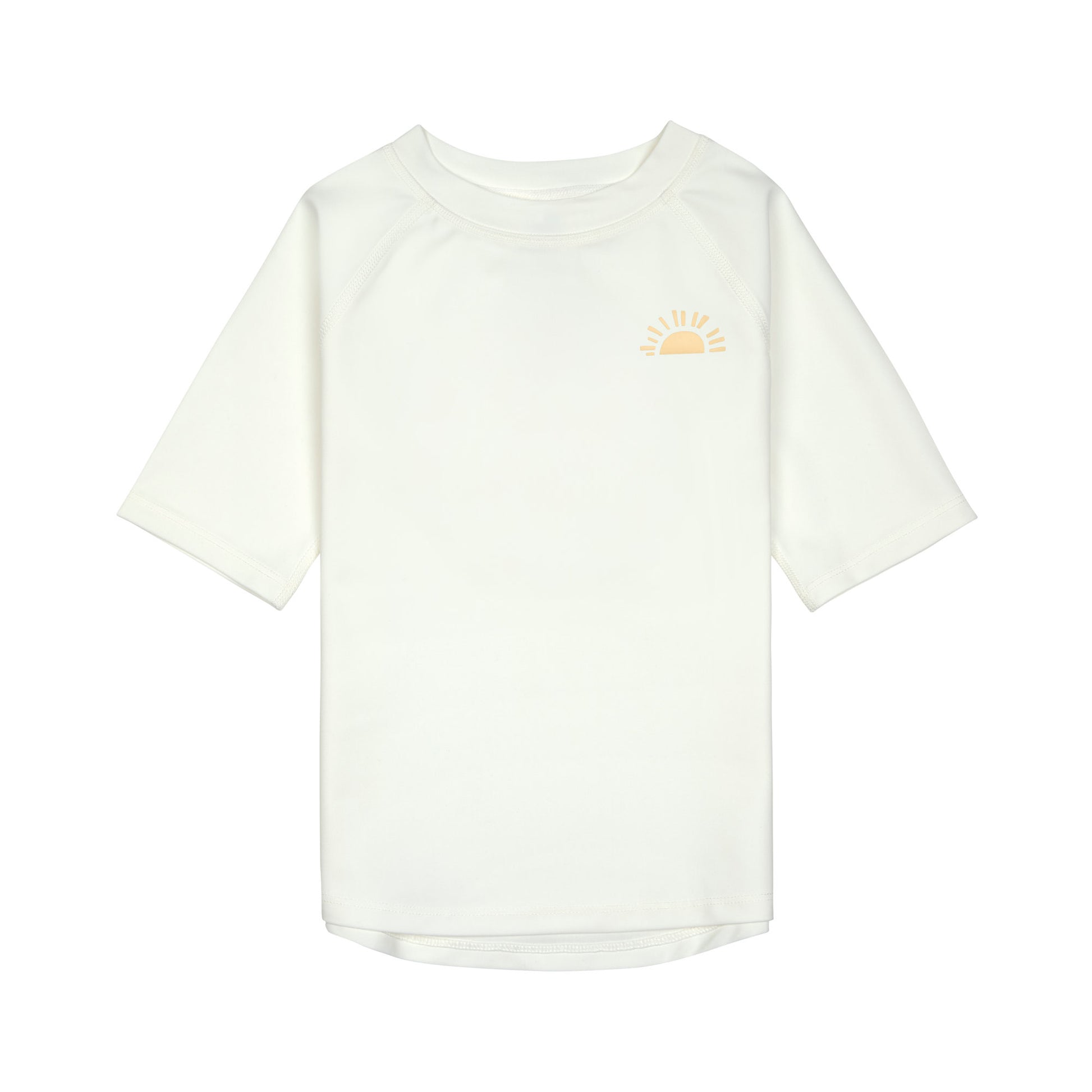 Das weiße, kurzärmelige Kinder UV Shirt mit UV-Schutz 60 kommt mit einem Sunshine Print und extra weichem Stoff. Das atmungsaktive und schnelltrocknende Material sorgt für eine angenehme Passform und Badespaß. Geeignet von 4 bis 6 Jahren.
