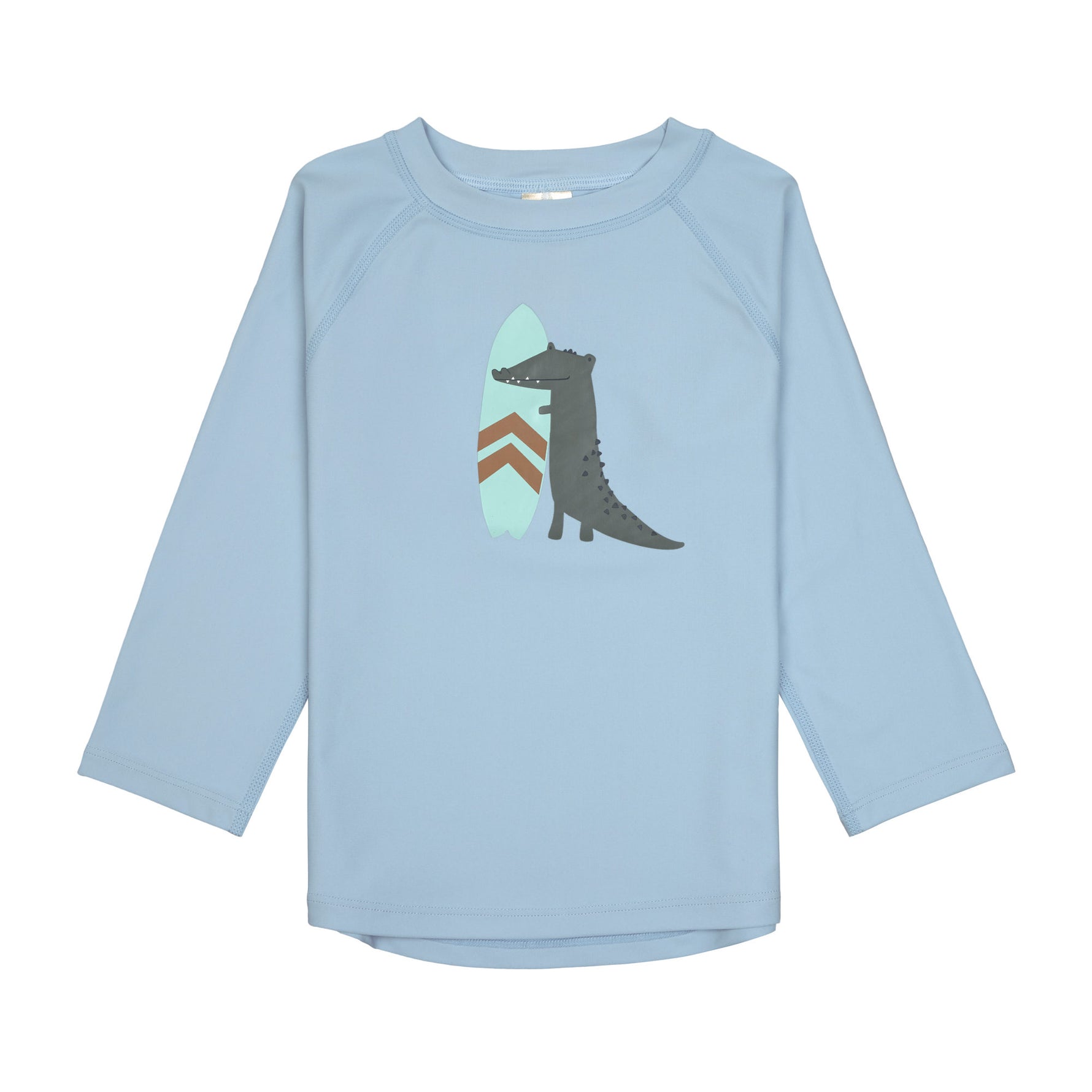 Das hellblaue, langärmelige Kinder UV Shirt mit UV-Schutz 60 kommt mit einem Crocodile Print und extra weichem Stoff. Das atmungsaktive und schnelltrocknende Material sorgt für eine angenehme Passform und Badespaß. Geeignet von 3 Monaten bis 3 Jahren.
