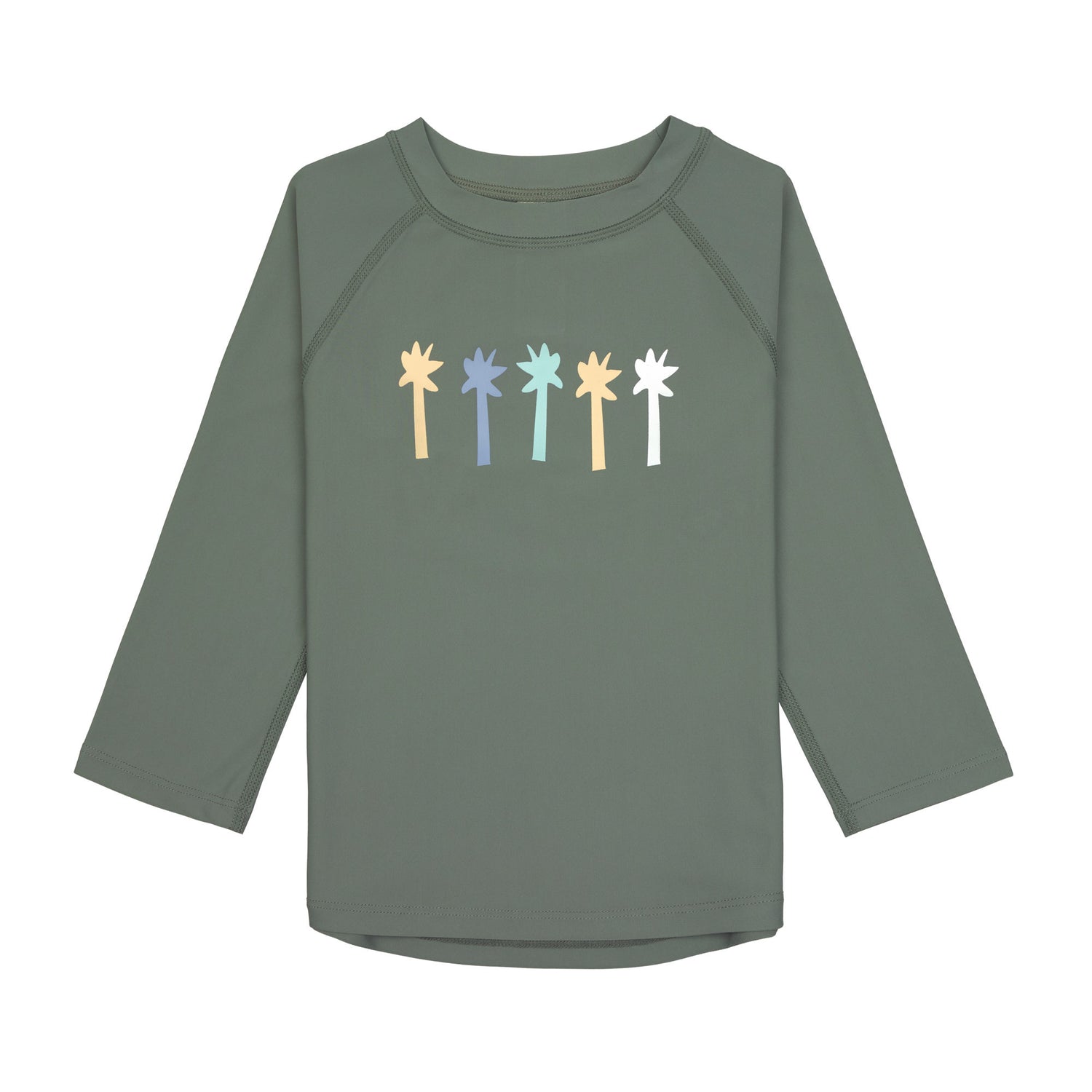 Das olivgrüne, langärmelige Kinder UV Shirt mit UV-Schutz 60 kommt mit einem Palmen Print und extra weichem Stoff. Das atmungsaktive und schnelltrocknende Material sorgt für eine angenehme Passform und Badespaß. Geeignet von 3 Monaten bis 3 Jahren.