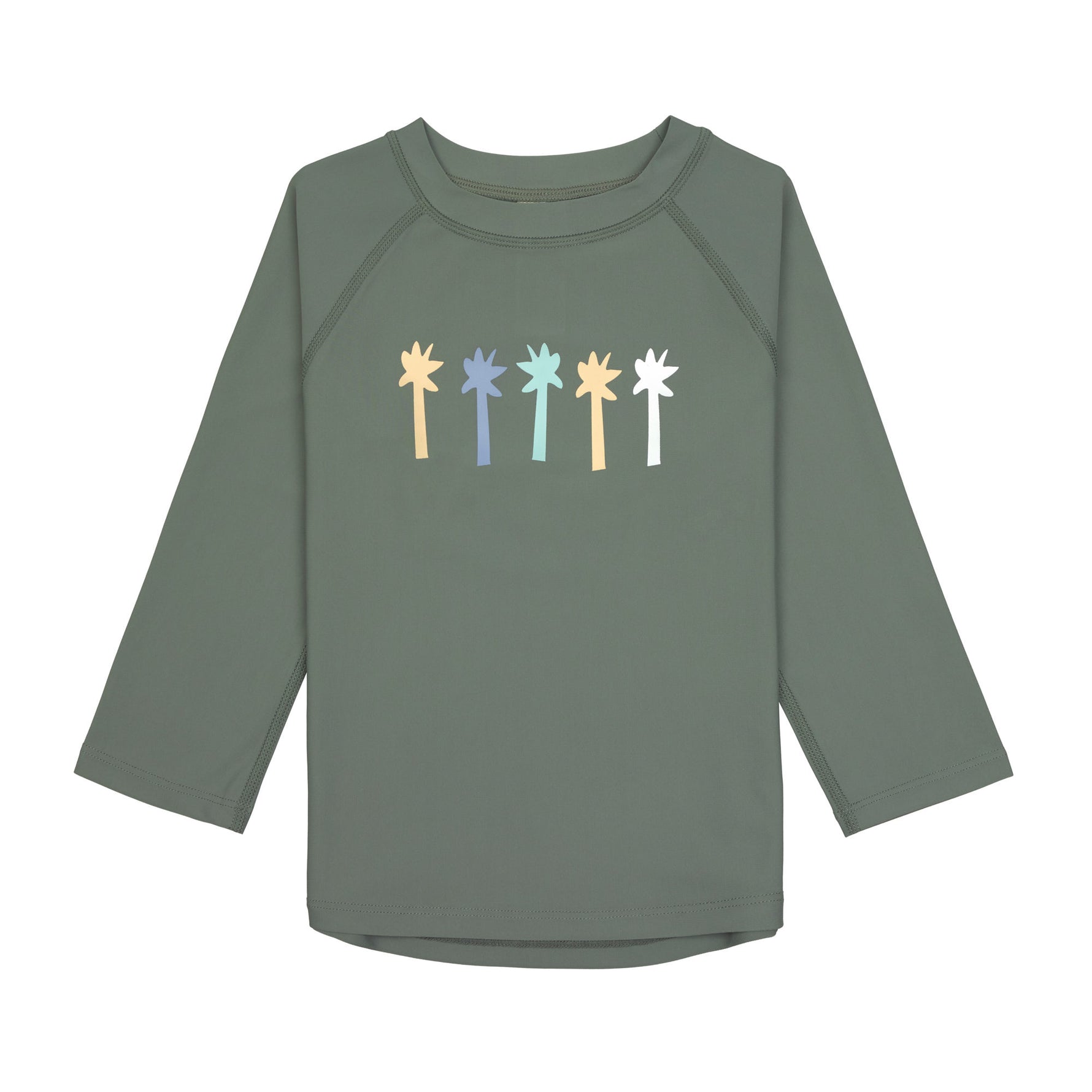 Das olivgrüne, langärmelige Kinder UV Shirt mit UV-Schutz 60 kommt mit einem Palmen Print und extra weichem Stoff. Das atmungsaktive und schnelltrocknende Material sorgt für eine angenehme Passform und Badespaß. Geeignet von 3 Monaten bis 3 Jahren.