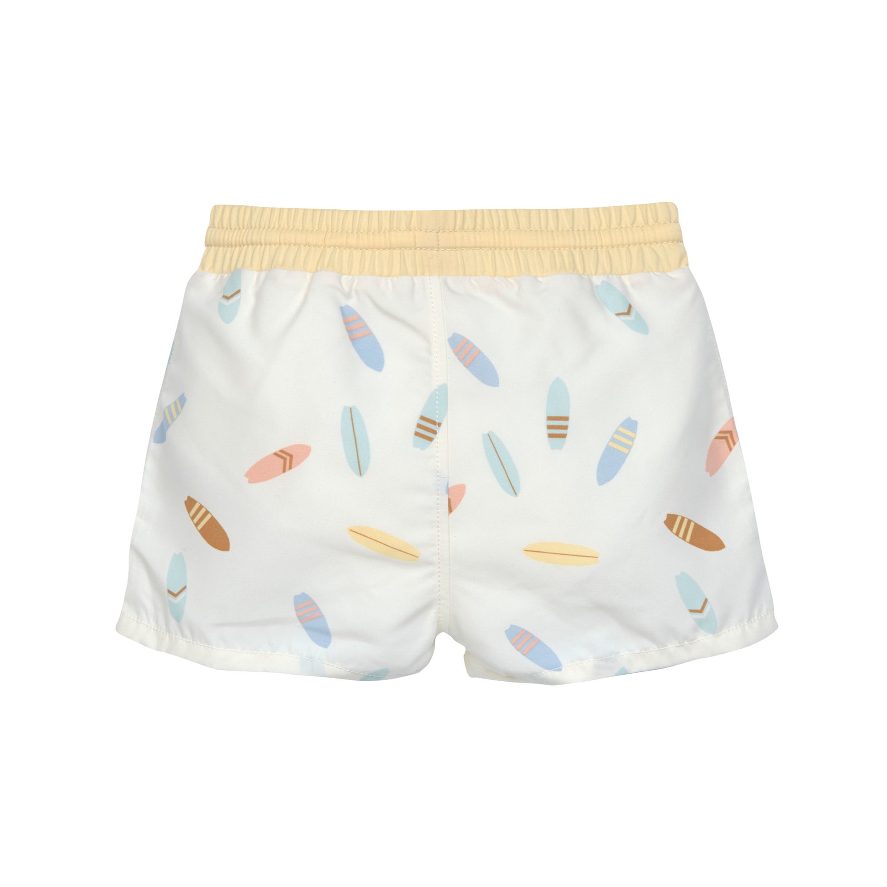 Die kurze Baby Badehose in Weiß mit Surfboard Print sorgt dank der integrierten Schwimmwindel, des breiten Bundes und der nahtlosen Verarbeitung im Inneren für ein angenehmes Tragegefühl und Badespaß. Geeignet von 7 Monaten bis 3 Jahren.