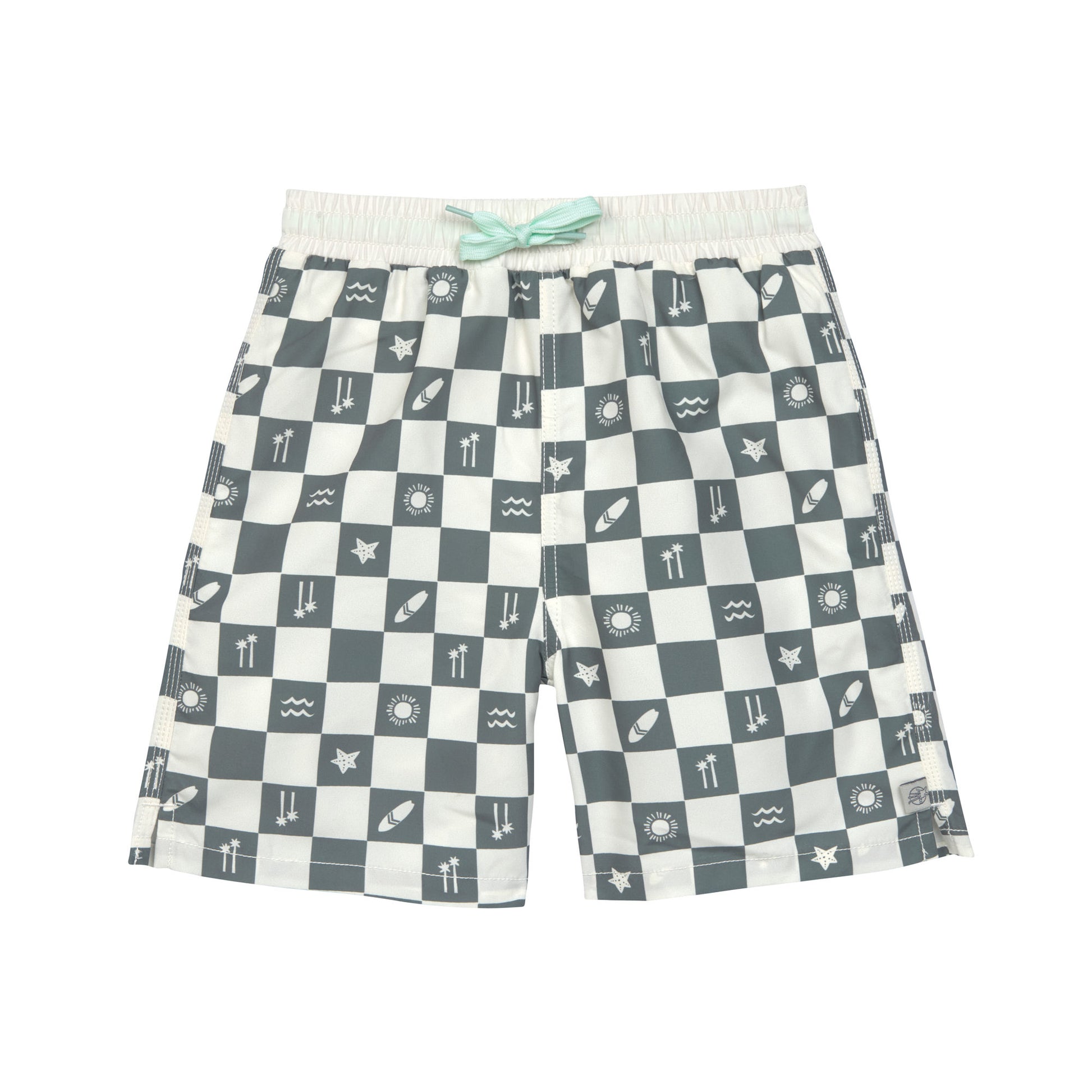 Die lange, grün karierte UV Badehose für Kinder (3 - 6 Jahre) mit UV Schutz 80 sorgt für einen stylishen Surfer Look auf dem Badeausflug. Der elastische Bund und der Kordelzug garantieren ein angenehmes Tragegefühl.