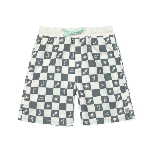 Die lange, grün karierte UV Badehose für Kinder (3 - 6 Jahre) mit UV Schutz 80 sorgt für einen stylishen Surfer Look auf dem Badeausflug. Der elastische Bund und der Kordelzug garantieren ein angenehmes Tragegefühl.