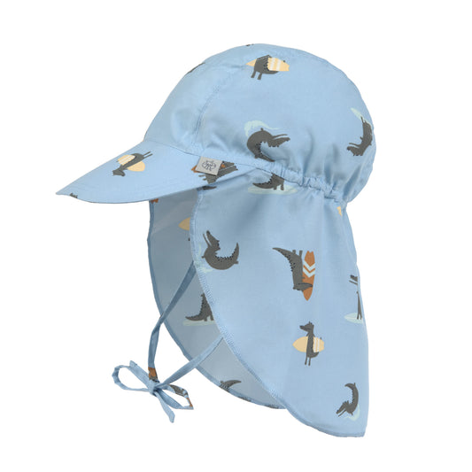 Der hellblaue Sonnenhut mit extra langem Nackenschutz und UV-Schutz 80 schützt den Kopf, Nacken und die Augen von Babys und Kleinkindern. Das niedliche Crocodile Design und das schnelltrocknende Obermaterial sorgen für unbeschwerte Sommertage.
