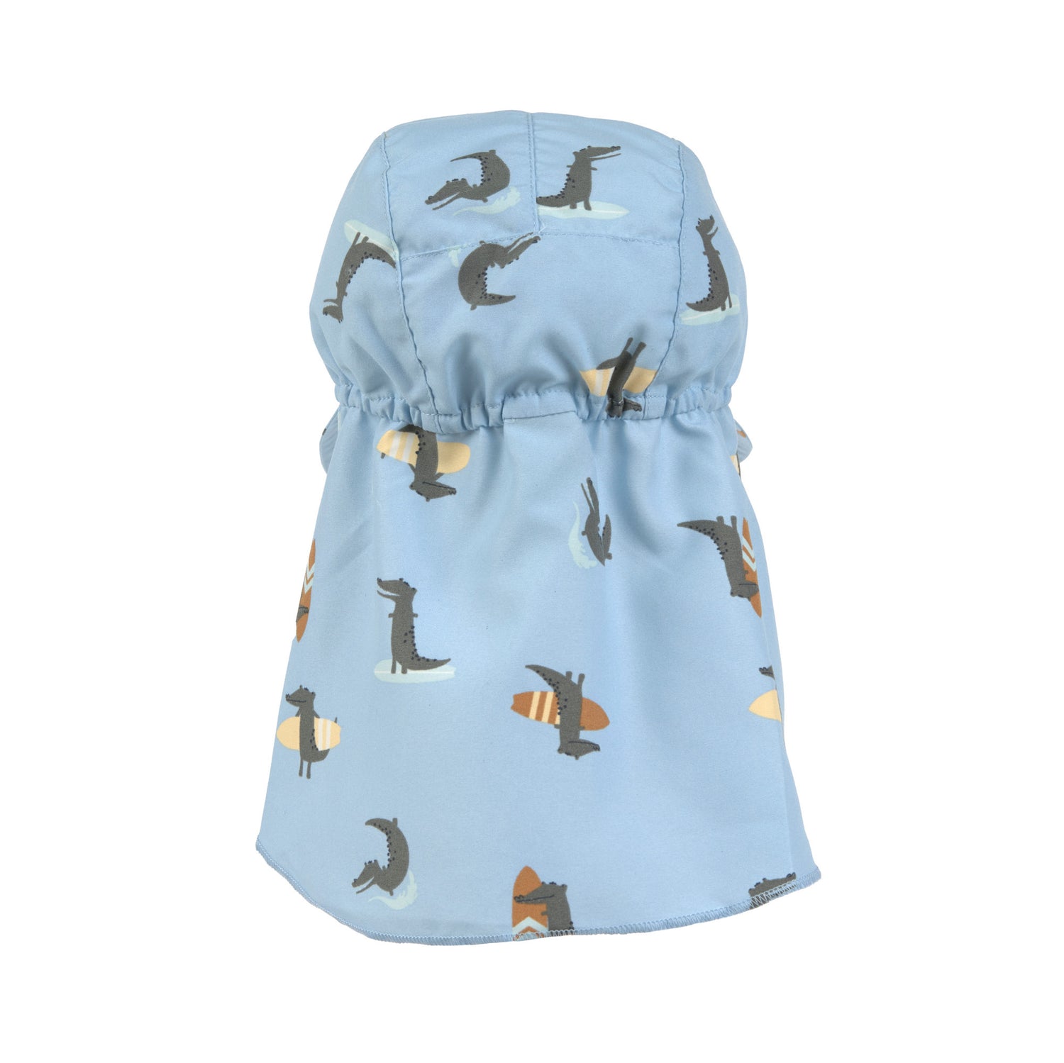 Der hellblaue Sonnenhut mit extra langem Nackenschutz und UV-Schutz 80 schützt den Kopf, Nacken und die Augen von Babys und Kleinkindern. Das niedliche Crocodile Design und das schnelltrocknende Obermaterial sorgen für unbeschwerte Sommertage.