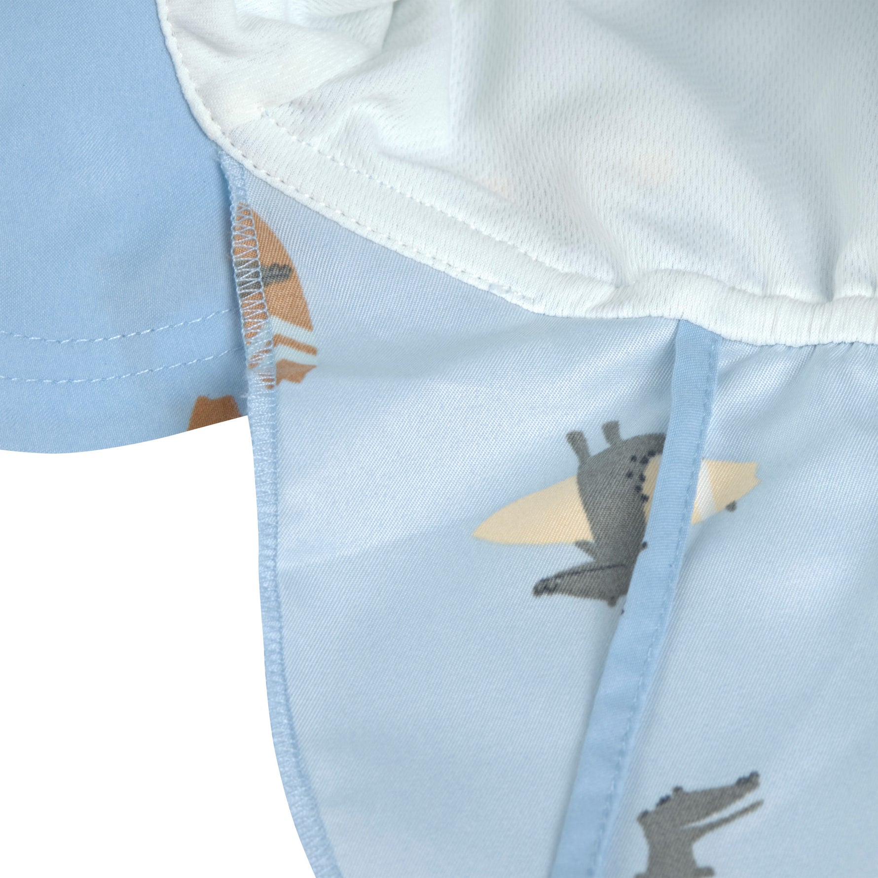 Der hellblaue Sonnenhut mit extra langem Nackenschutz und UV-Schutz 80 schützt den Kopf, Nacken und die Augen von Babys und Kleinkindern. Das niedliche Crocodile Design und das schnelltrocknende Obermaterial sorgen für unbeschwerte Sommertage.