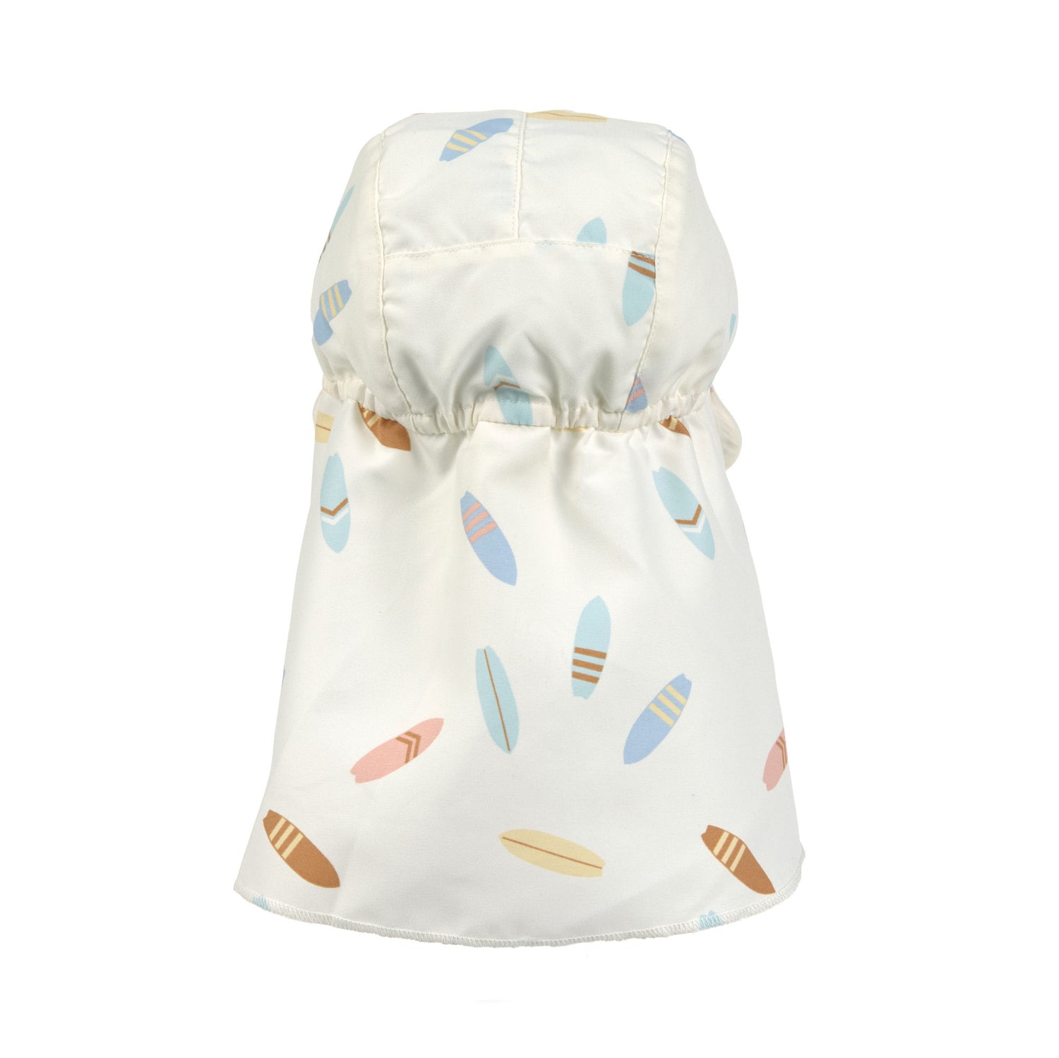 Der weiße Baby Sonnenhut mit extra langem Nackenschutz und UV-Schutz 80 schützt den Kopf, Nacken und die Augen von Babys und Kleinkindern. Das niedliche Surfboard Design und das schnelltrocknende Obermaterial sorgen für unbeschwerte Sommertage.