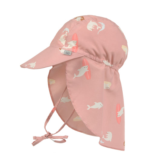 Der rosa Baby Sonnenhut mit extra langem Nackenschutz und UV-Schutz 80 schützt den Kopf, Nacken und die Augen von Babys und Kleinkindern. Das niedliche Delphin-Design und das schnelltrocknende Obermaterial sorgen für unbeschwerte Sommertage.