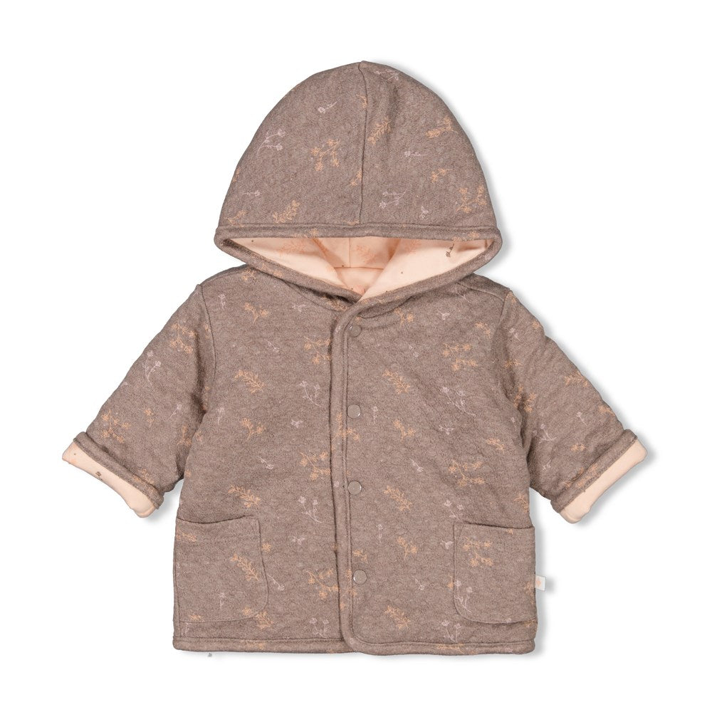 praktische Wendejacke braunmeliert mit dezentem Blumendruck und rosa mit dezentem Blumendruck