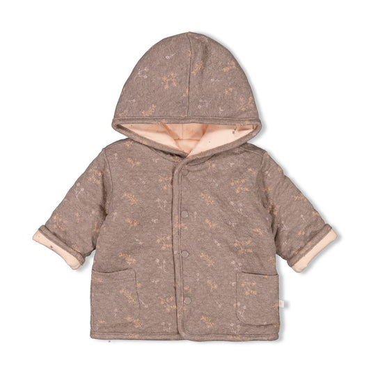 praktische Wendejacke braunmeliert mit dezentem Blumendruck und rosa mit dezentem Blumendruck