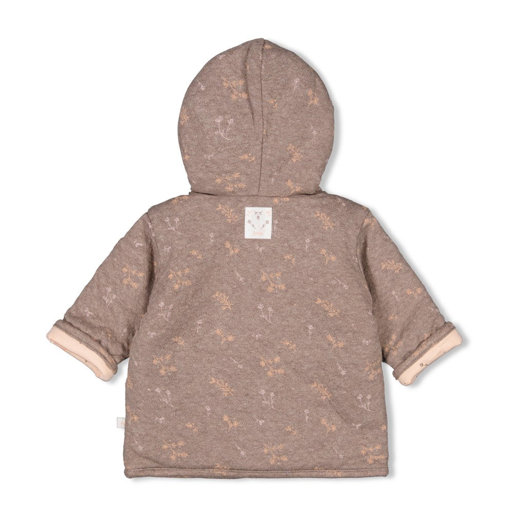 praktische Wendejacke braunmeliert mit dezentem Blumendruck und rosa mit dezentem Blumendruck