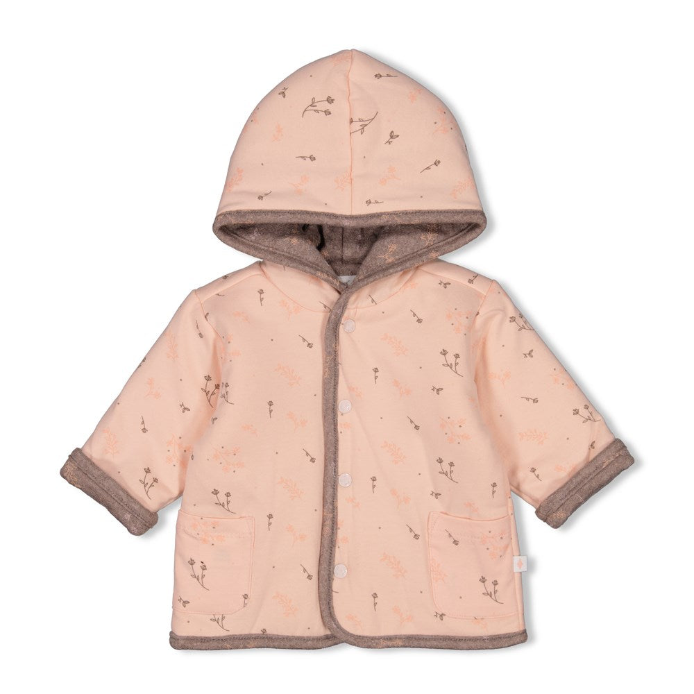 praktische Wendejacke braunmeliert mit dezentem Blumendruck und rosa mit dezentem Blumendruck