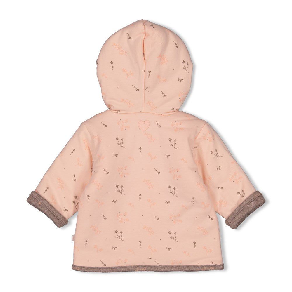 praktische Wendejacke braunmeliert mit dezentem Blumendruck und rosa mit dezentem Blumendruck