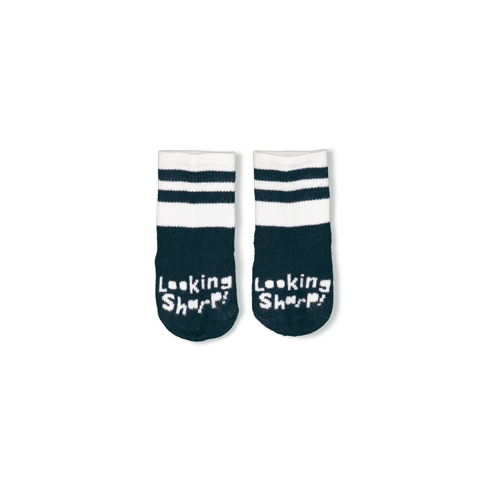 Socke dunkelblau/weiß mit Spruch
