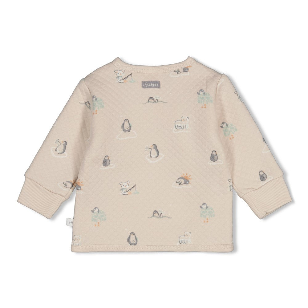 Wickelshirt AOP - Penguin Cuddles von Feetje. Die hochwertige Mischung aus Baumwolle und Polyester sorgt für Strapazierfähigkeit und Komfort. Das stepped double fabric ist besonders weich und angenehm auf empfindlicher Babyhaut. Ideal zum einfachen An- und Ausziehen dank praktischer Wickelfunktion.